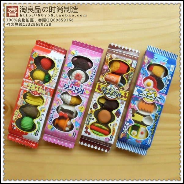 睿淘良品¥时尚制造商 {实物照片}:均为俺实拍,色差请见谅,以实物为准。 {商品详情}: 【商品名称】:C03韩国仿真食物橡皮擦/4色选。{此商品包装后重量范围0.06kg} 【商品详情】:1个单位包含5个造型橡皮。属礼品文具,可作为广告促销,商务馈赠,节日,生日,颁奖纪念,展销会,周年庆典,学业典礼,公关策划等用途。 【款式规格】:1盒规格为长17cm,宽6cm。量大按现货款式均配。20盒=1中盒,18中盒=360盒=1箱=22公斤。 【本商品型号代码】:以下代码为商品厂家型号代码,买家可忽略不看。C0